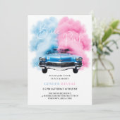 Blue Pink Smoke Car Truck Thema Baby Gender Reveal Einladung (Stehend Vorderseite)