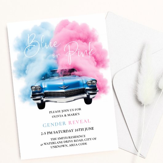 Blue Pink Smoke Car Truck Thema Baby Gender Reveal Einladung