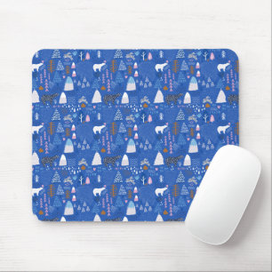 Blue Pink Snowy Happy Winter Forest Bear Bunny Mousepad