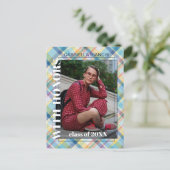 Blue Pink Tartan Karierter Abschluss Ankündigung Postkarte (Stehend Vorderseite)