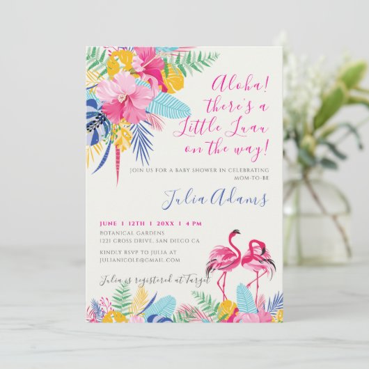 Blue Pink Tropical Wild Forest Baby Dusche Einladung (Stehend Vorderseite)