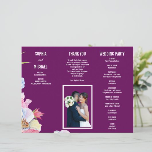Blue Pink Watercolor Blume Hochzeitsprogramm Flyer (Stehend Vorderseite)