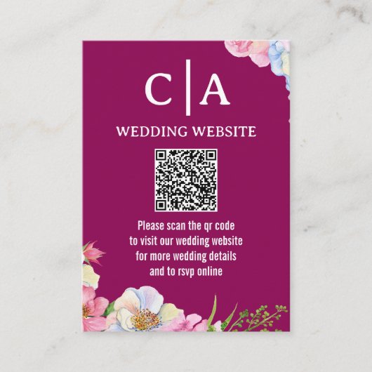 Blue Pink Watercolor Blume QR Code Hochzeit Begleitkarte (Vorderseite)