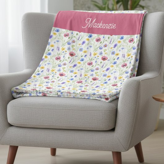 Blue Pink Wildflower Botanical Custom Name  Fleecedecke