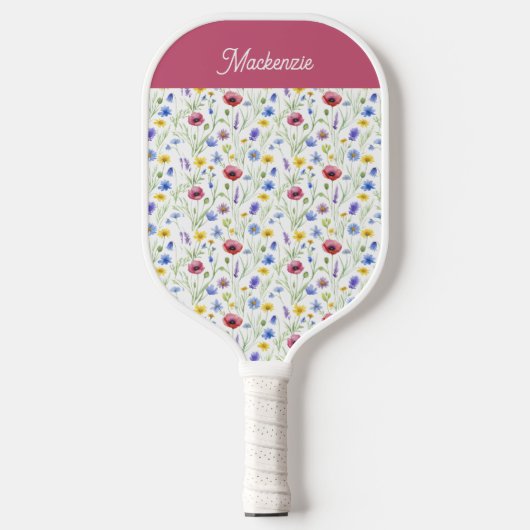 Blue Pink Wildflower Botanical Custom Name Pickleball Schläger (Vorderseite)