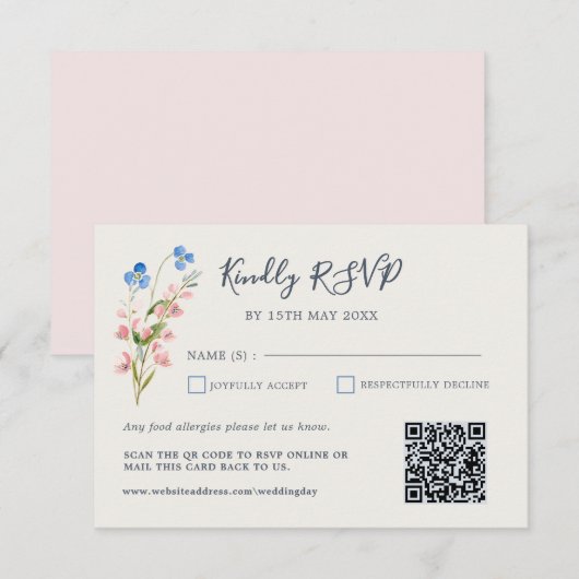 Blue Pink Wildflowers Response Card RSVP Karte (Vorne/Hinten)