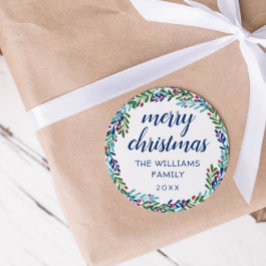 Blue & Pink Wreath Frohe Weihnachten Runder Aufkleber