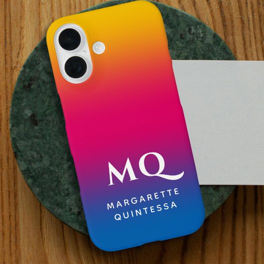 Blue Pink Yellow Gradient White Monogram Initials Case-Mate iPhone Hülle
