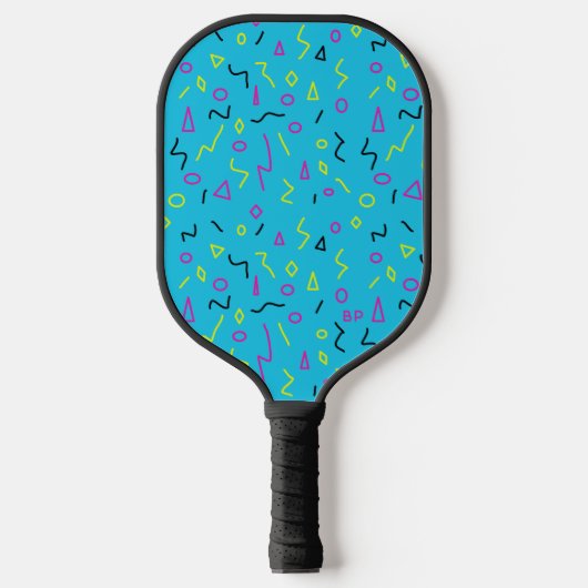 Blue Pink Yellow Squiggles Memphis Pattern der 198 Pickleball Schläger (Vorderseite)