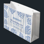 Blue pinstrip BACHELORETTE Whimsical Beach Große Geschenktüte<br><div class="desc">Bring coastal charm to your celebration with these beach-themed paper gift bags featuring watercolor blue pinstripes and tropical palm leaves. Perfect for bachelorette parties,  beach weddings,  or summer bridal showers.</div>