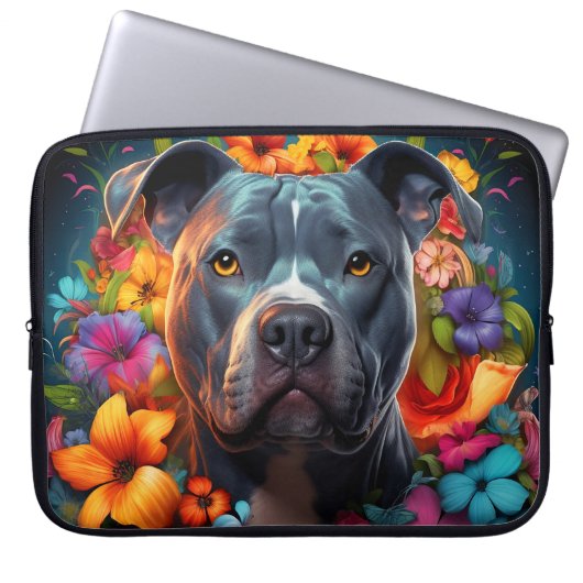 Blue Pitbull Hund mit Blume Laptop Bag Laptopschutzhülle (Vorderseite)