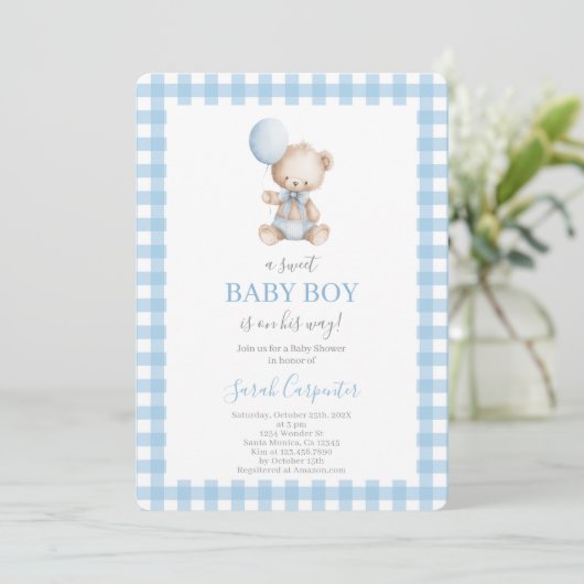 Blue plaid and Bear Baby Shower Boy Einladung (Stehend Vorderseite)