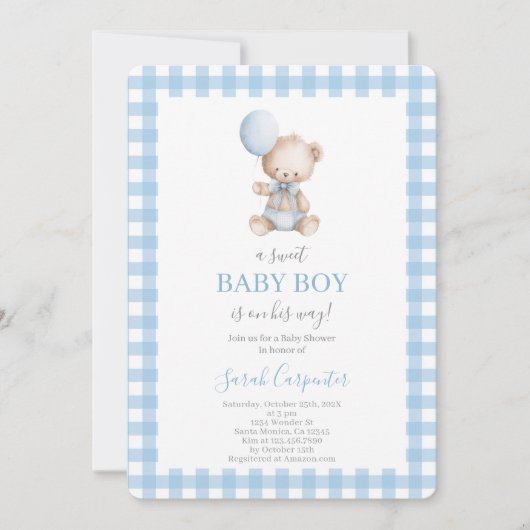 Blue plaid and Bear Baby Shower Boy Einladung (Vorderseite)
