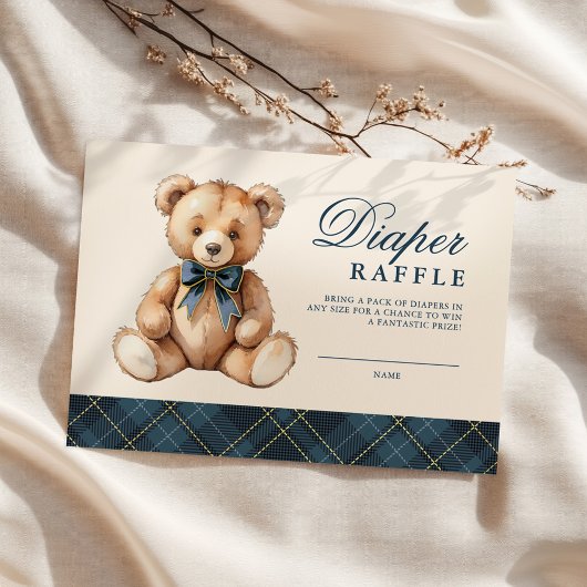 Blue Plaid Bear Baby Shower Diaper Raffle Begleitkarte