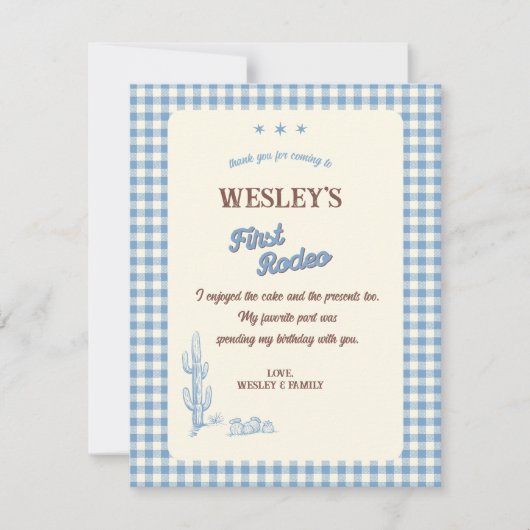 Blue Plaid First Rodeo Western 1st Birthday Dankeskarte (Vorderseite)