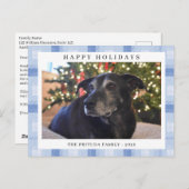 Blue Plaid Holiday Photo Postkarte (Vorne/Hinten)