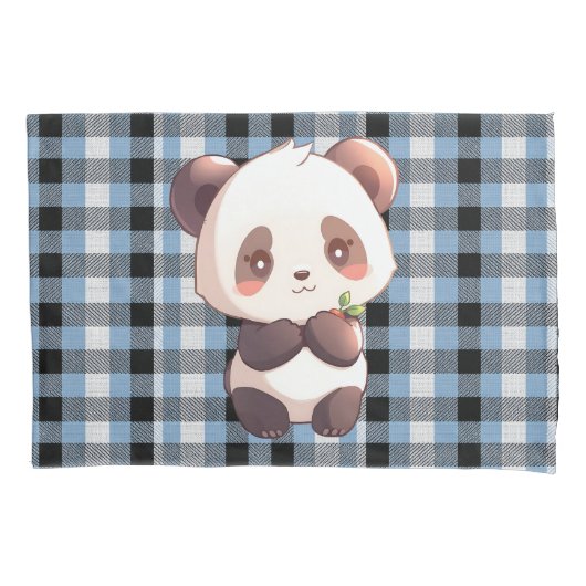 Blue Plaid Panda Kissenbezug (Vorderseite)
