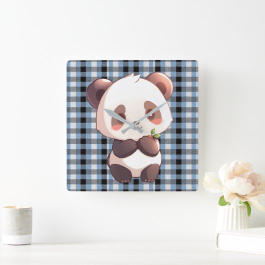 Blue Plaid Panda Quadratische Wanduhr (Zuhause)