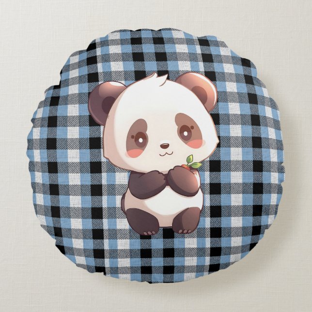 Blue Plaid Panda Throw Pillow Rundes Kissen (Vorderseite)
