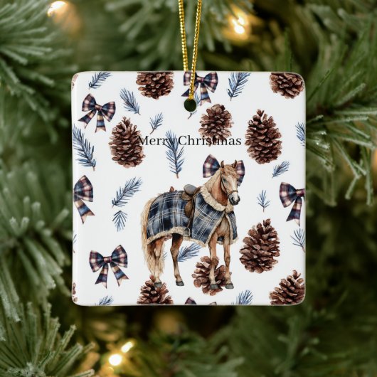 Blue Plaid Pine Cones Bows Horse Christmas Keramikornament (Baum)