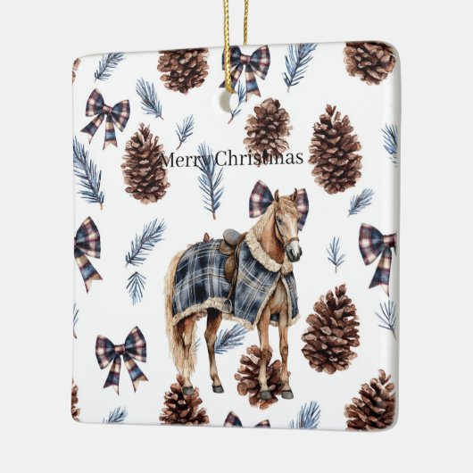 Blue Plaid Pine Cones Bows Horse Christmas Keramikornament (Links)