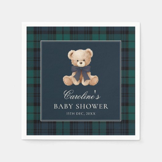 Blue Plaid Teddy Bear Baby Shower Napkins Serviette (Vorderseite)