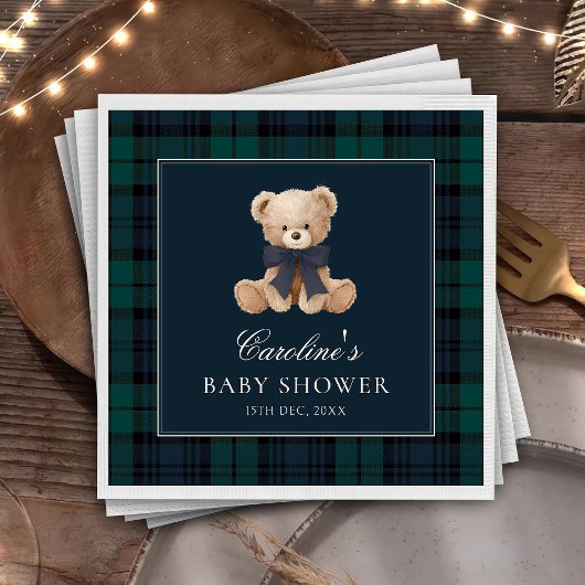 Blue Plaid Teddy Bear Baby Shower Napkins Serviette