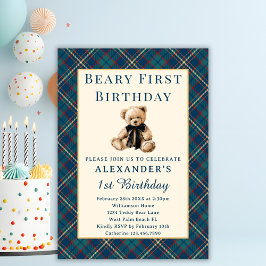 Blue Plaid Vintage Beary First Boy 1st Birthday Einladung