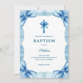 Blue Plaid Watercolor Bows & Cross Boy Baptism Einladung (Vorderseite)
