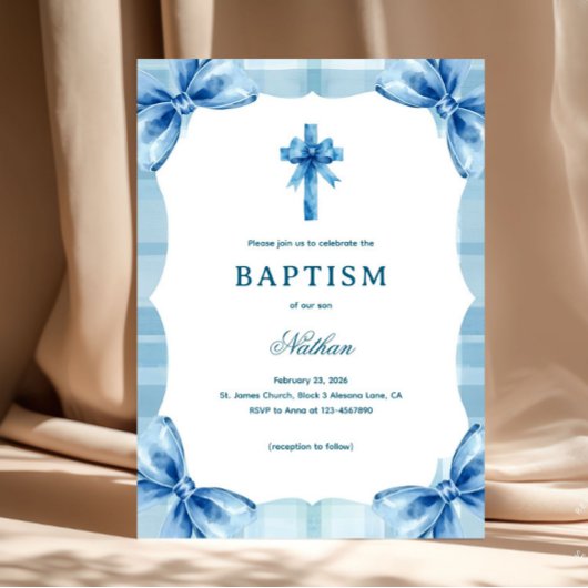 Blue Plaid Watercolor Bows & Cross Boy Baptism Einladung