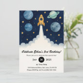 Blue Planets Rocket Start Art Geburtstag Einladung (Stehend Vorderseite)