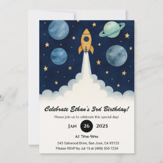 Blue Planets Rocket Start Art Geburtstag Einladung