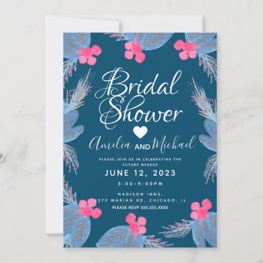 Blue Poinsettia Berry Watercolor Brautparty Einladung (Vorderseite)