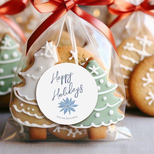 Blue Poinsettia Minimal Happy Holidays Weihnachten Runder Aufkleber