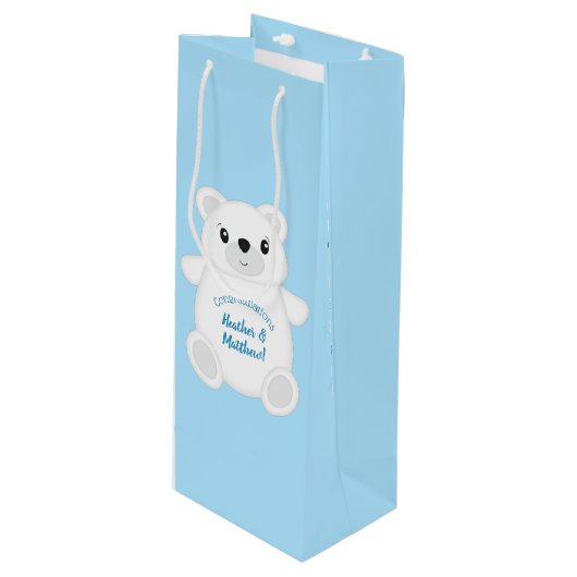 Blue Polar Bear Baby Dusche Geschenktüte Für Weinflaschen (Vorderseite Schrägansicht)