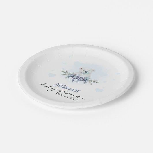 Blue Polar Bear Cub Boy Hearts Winter Baby Dusche Pappteller (Schrägansicht)