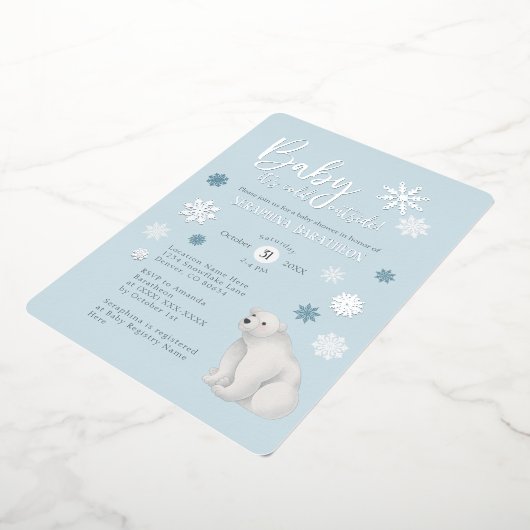 Blue Polar Bear Silver Foil Snowflake Babydusche Folieneinladung (Gedreht)