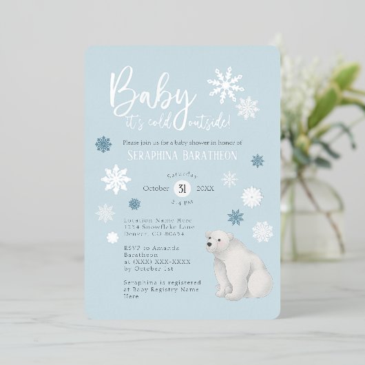 Blue Polar Bear Silver Foil Snowflake Babydusche Folieneinladung (Stehend vorne)