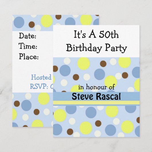 Blue Polka Dot 50. Geburtstag Einladung (Vorne/Hinten)
