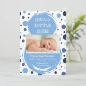 Blue polka dot Baby birth announcement Einladung (Stehend Vorderseite)
