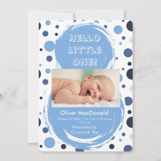 Blue polka dot Baby birth announcement Einladung (Vorderseite)