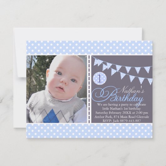 Blue Polka Dot Bunting Erster Geburtstag Einladung (Vorderseite)