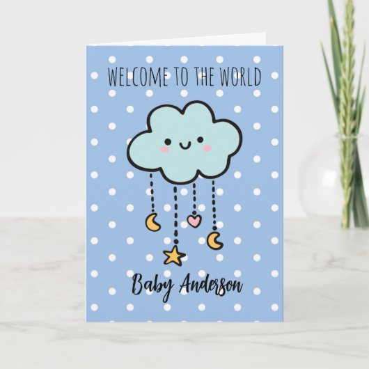 Blue Polka Dot Cloud Welcome Baby Boy Name Karte (Vorderseite)