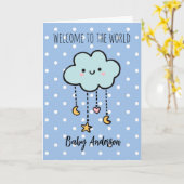 Blue Polka Dot Cloud Welcome Baby Boy Name Karte (Gelbe Blume)