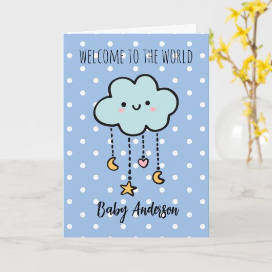 Blue Polka Dot Cloud Welcome Baby Boy Name Karte (Gelbe Blume)