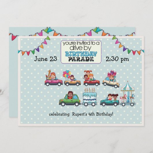 Blue Polka Dot Drive by Birthday Parade Einladung (Vorne/Hinten)