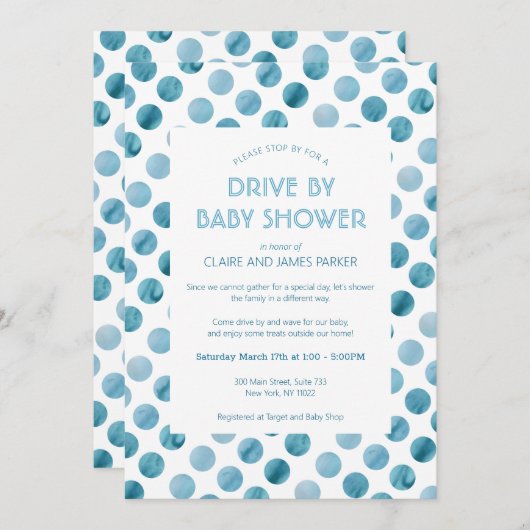 Blue Polka Dot Drive mit Baby-Dusche Einladung (Vorne/Hinten)