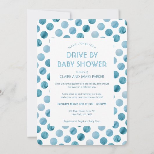 Blue Polka Dot Drive mit Baby-Dusche Einladung (Vorderseite)