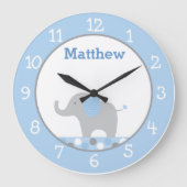 Blue Polka Dot Elephant Kinderzimmer Große Wanduhr (Vorderseite)