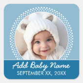 Blue Polka Dot Foto Frame Ankündigung Quadratischer Aufkleber (Vorderseite)